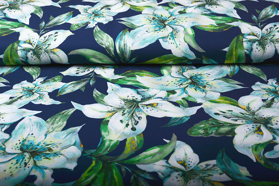 Digitaal Crepe Stretch Orchidee Mint Marine