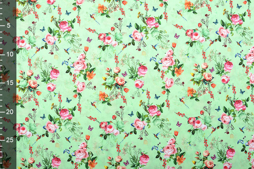 100% Cotton Flowers Butterflies and Birds Green