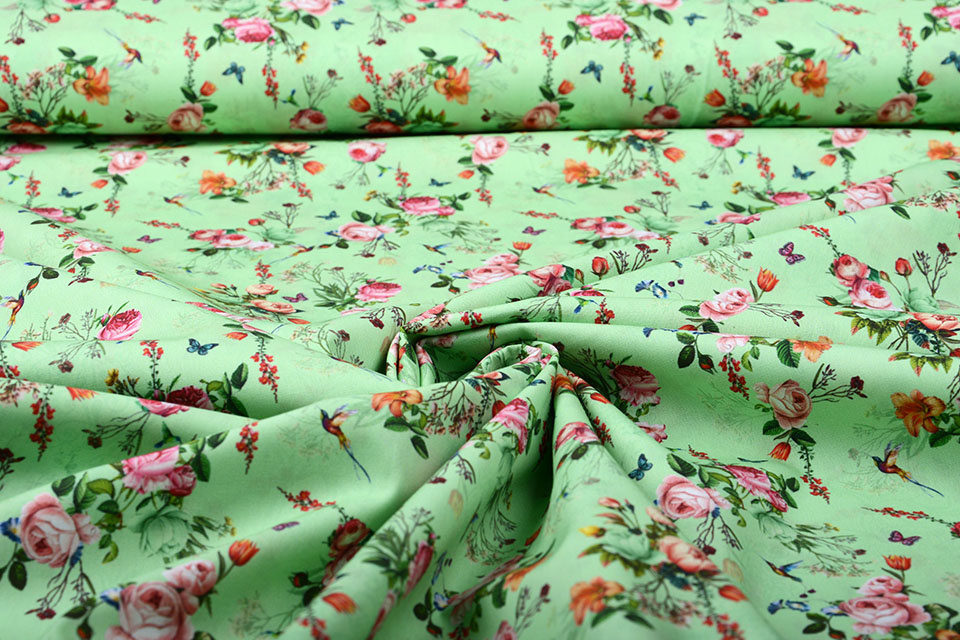 100% Katoen Bloemen Vlinders en Vogels Groen