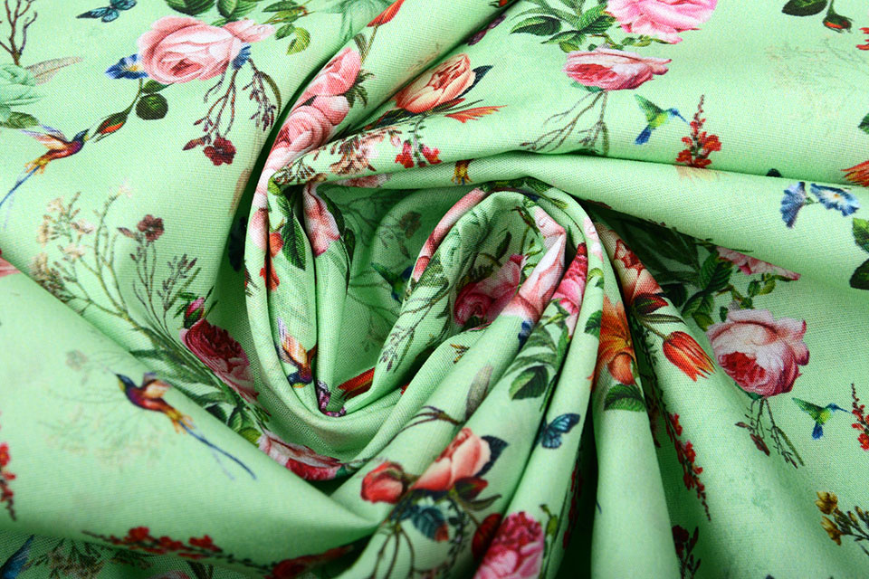 100% Cotton Flowers Butterflies and Birds Green