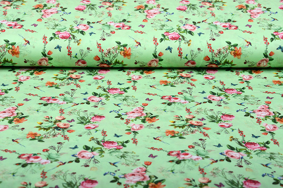 100% Cotton Flowers Butterflies and Birds Green