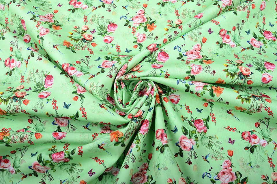 100% Cotton Flowers Butterflies and Birds Green