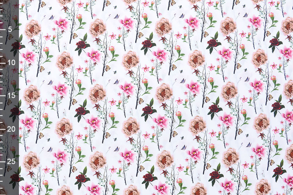 100% Baumwolle Blumen Schmetterlinge und Bienen Weiß