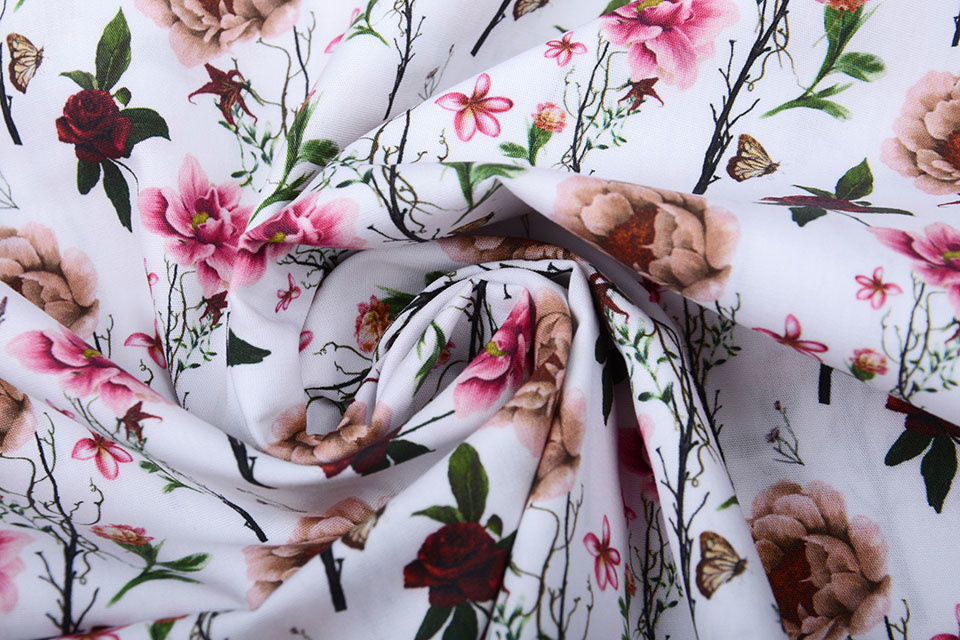 100% Cotton Flowers Butterflies and Bees White