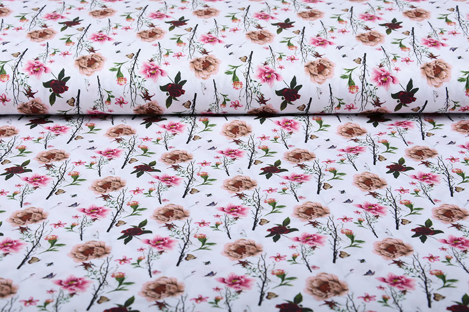 100% Cotton Flowers Butterflies and Bees White