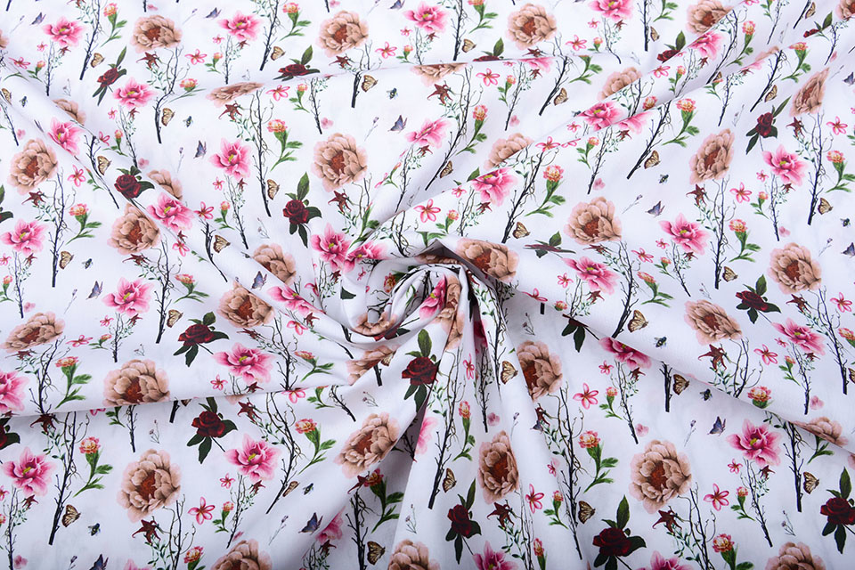 100% Cotton Flowers Butterflies and Bees White