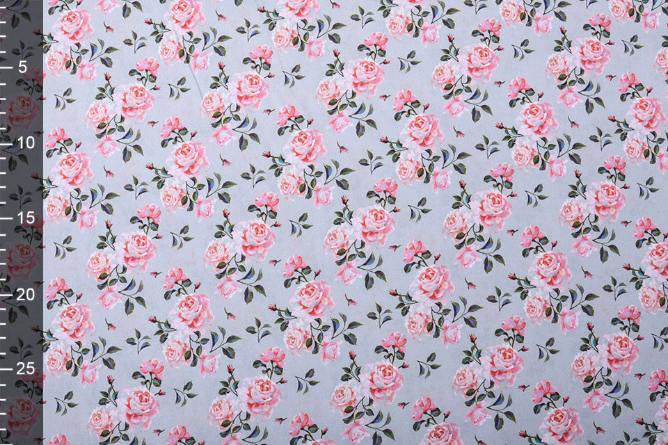 100% Cotton Pink Roses Gray