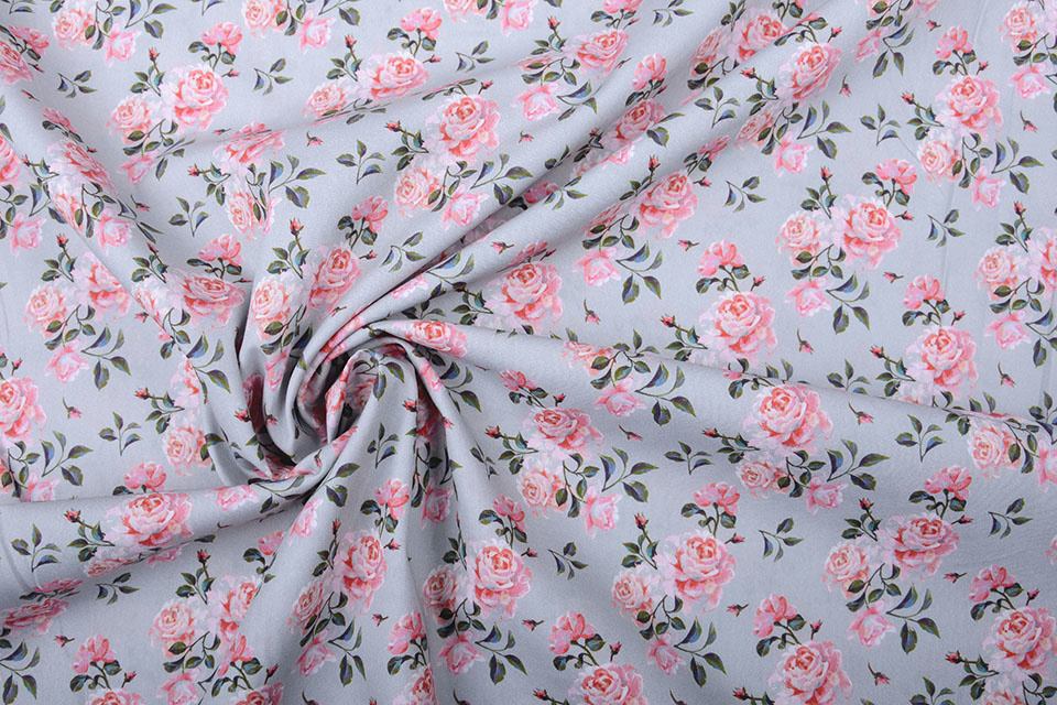 100% Cotton Pink Roses Gray