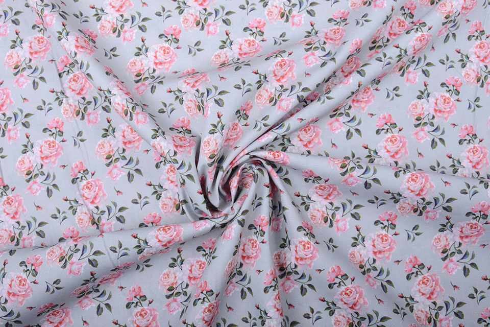 100% Cotton Pink Roses Gray