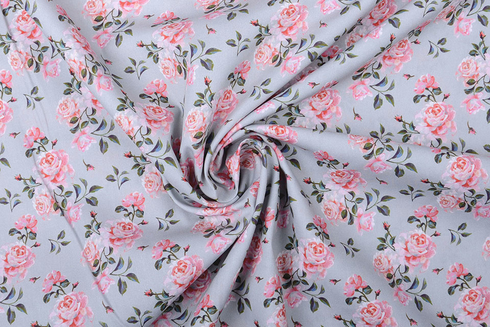 100% Cotton Pink Roses Gray