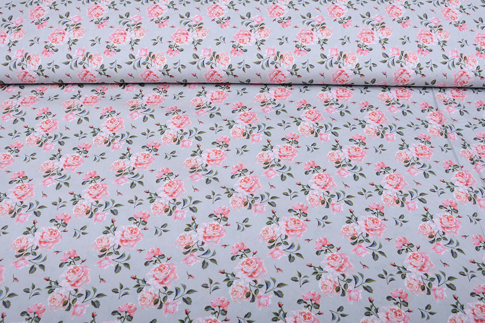 100% Cotton Pink Roses Gray