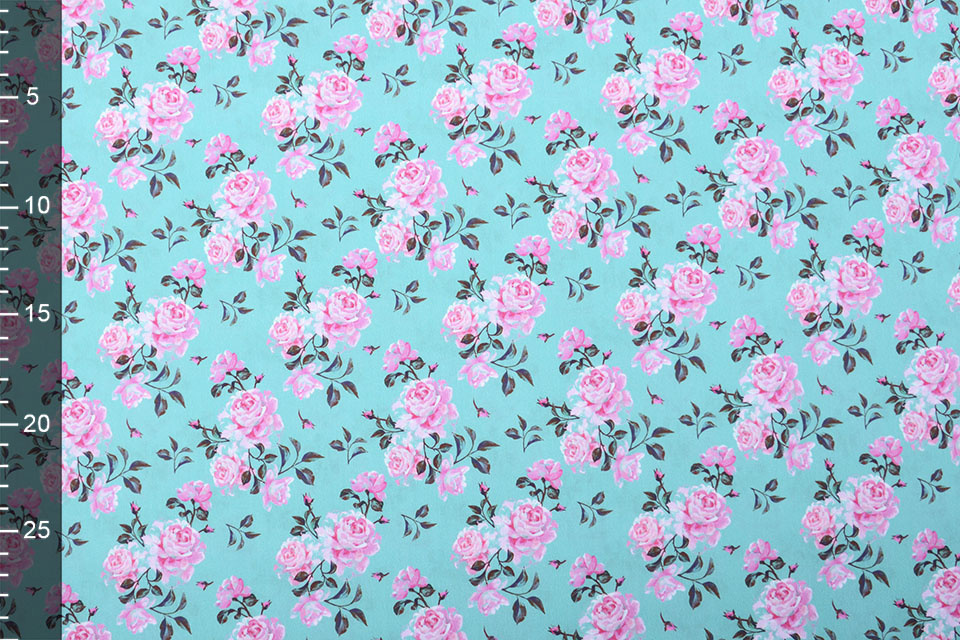 100% Cotton Pink Roses Turquoise