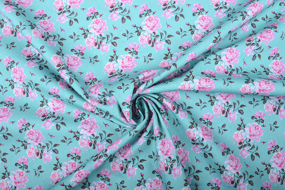100% Cotton Pink Roses Turquoise