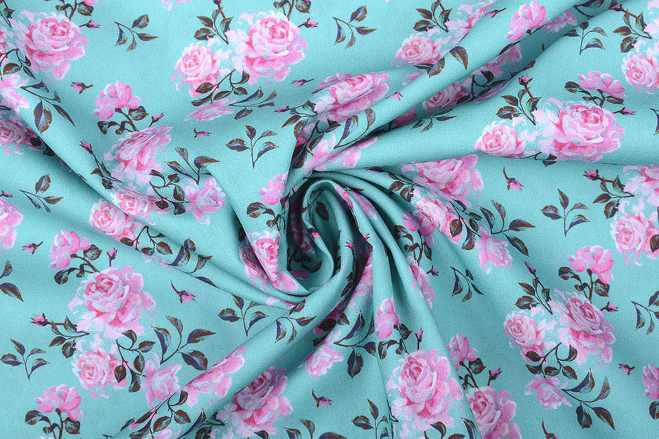 100% Cotton Pink Roses Turquoise