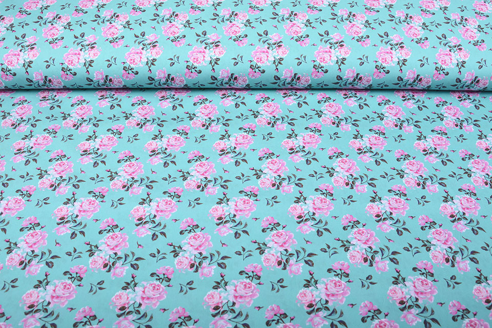 100% Cotton Pink Roses Turquoise