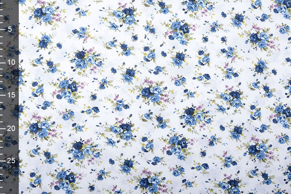 100% Cotton Florets Blue Roses White