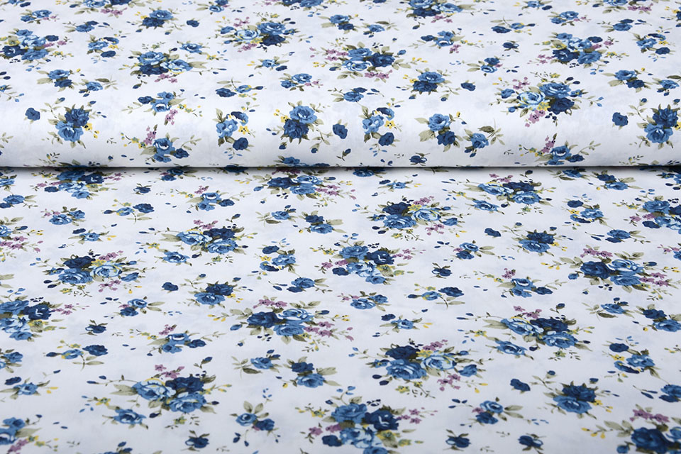 100% Baumwolle Florets Blaue Rosen Weiß
