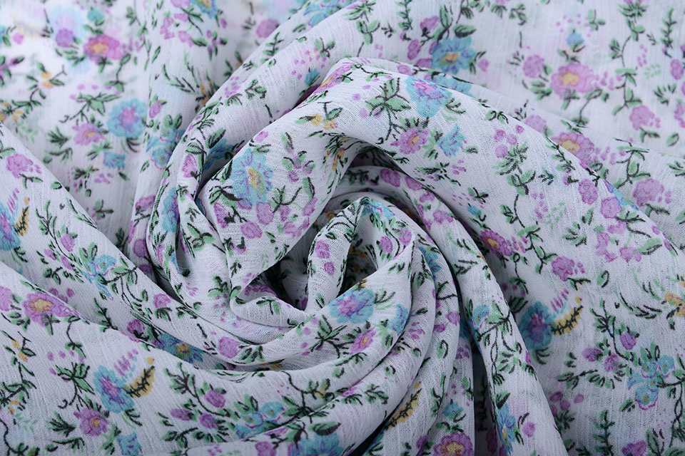 Chiffon Printed Flowers Purple Blue