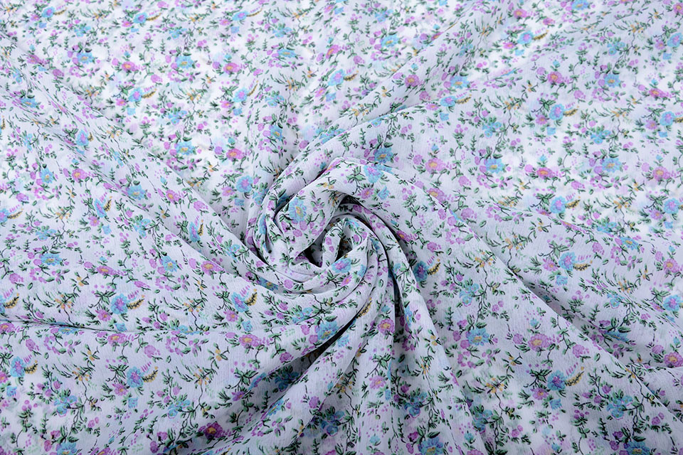 Chiffon Printed Flowers Purple Blue