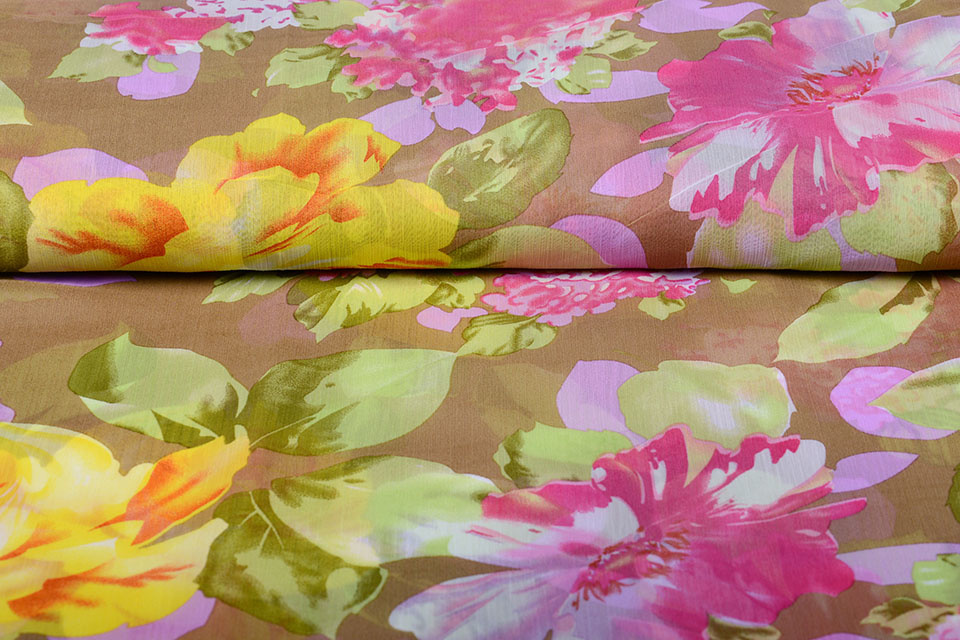Chiffon Bedrukt Bloemen Geel Roze