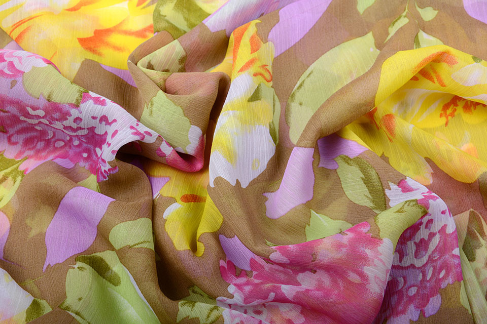 Chiffon Bedrukt Bloemen Geel Roze