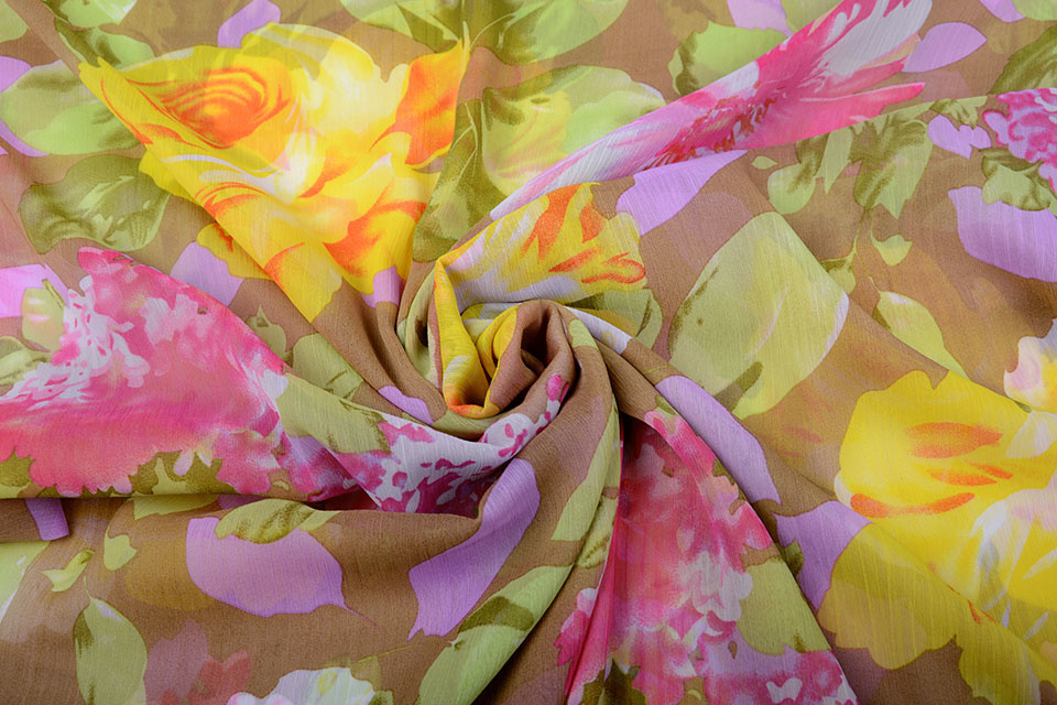 Chiffon Bedrukt Bloemen Geel Roze