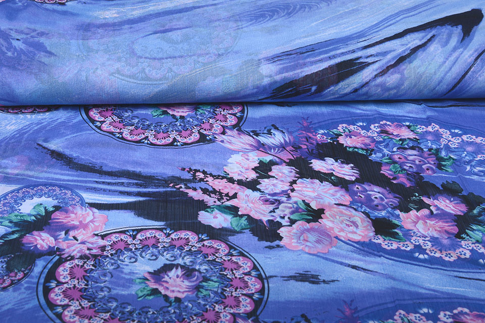Chiffon Bedrukt Water en Bloemen Blauw