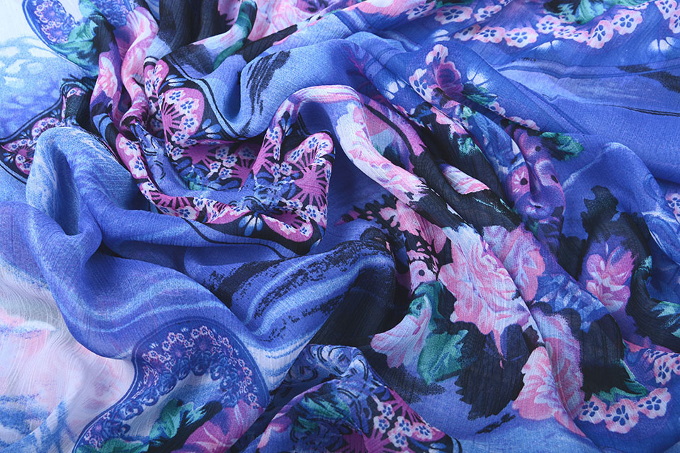 Chiffon Bedrukt Water en Bloemen Blauw