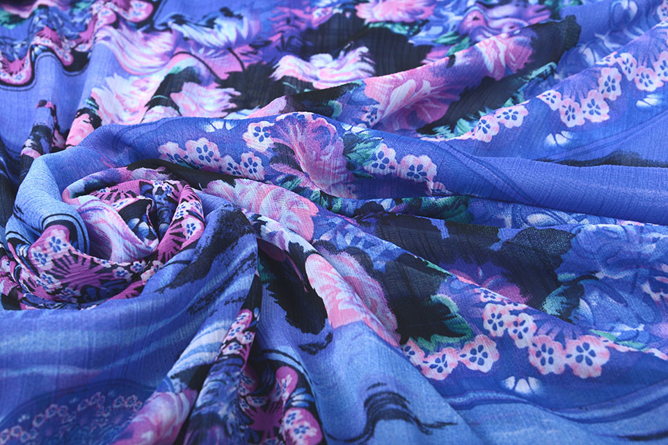 Chiffon Bedrukt Water en Bloemen Blauw