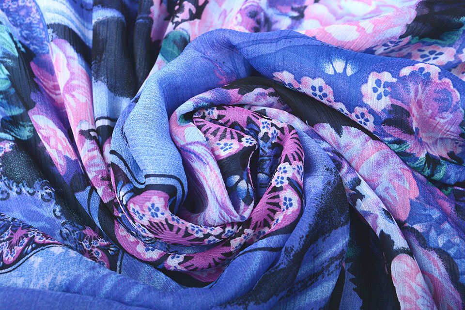 Chiffon Bedrukt Water en Bloemen Blauw