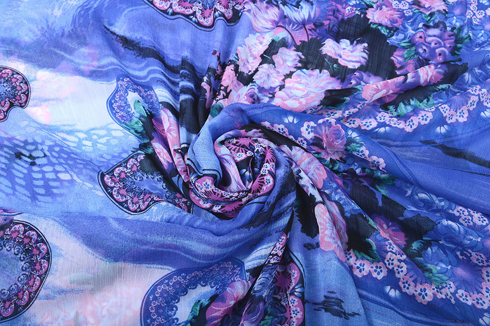 Chiffon Bedrukt Water en Bloemen Blauw