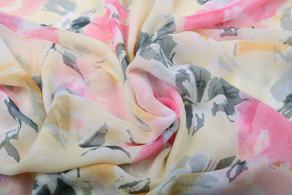 Chiffon Printed Pink Flowers Yellow