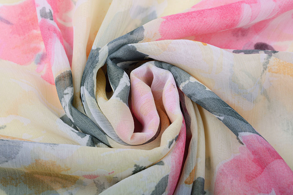 Chiffon Printed Pink Flowers Yellow