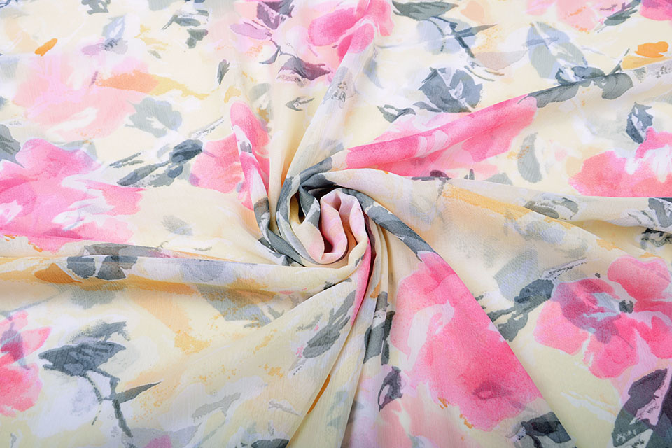 Chiffon Printed Pink Flowers Yellow