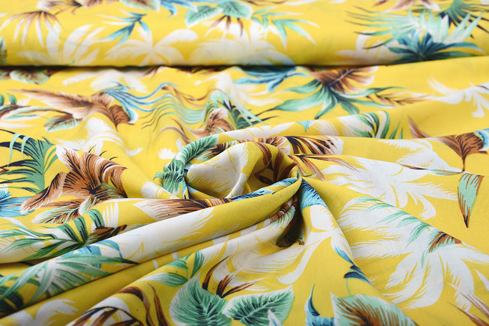 100% Viscose Tropische Palmbladeren Geel