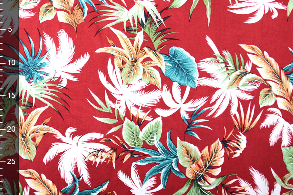100% Viscose Tropische Palmbladeren Wijnrood