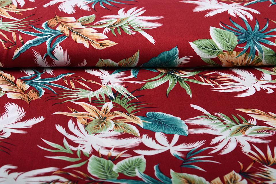 100% Viscose Tropische Palmbladeren Wijnrood