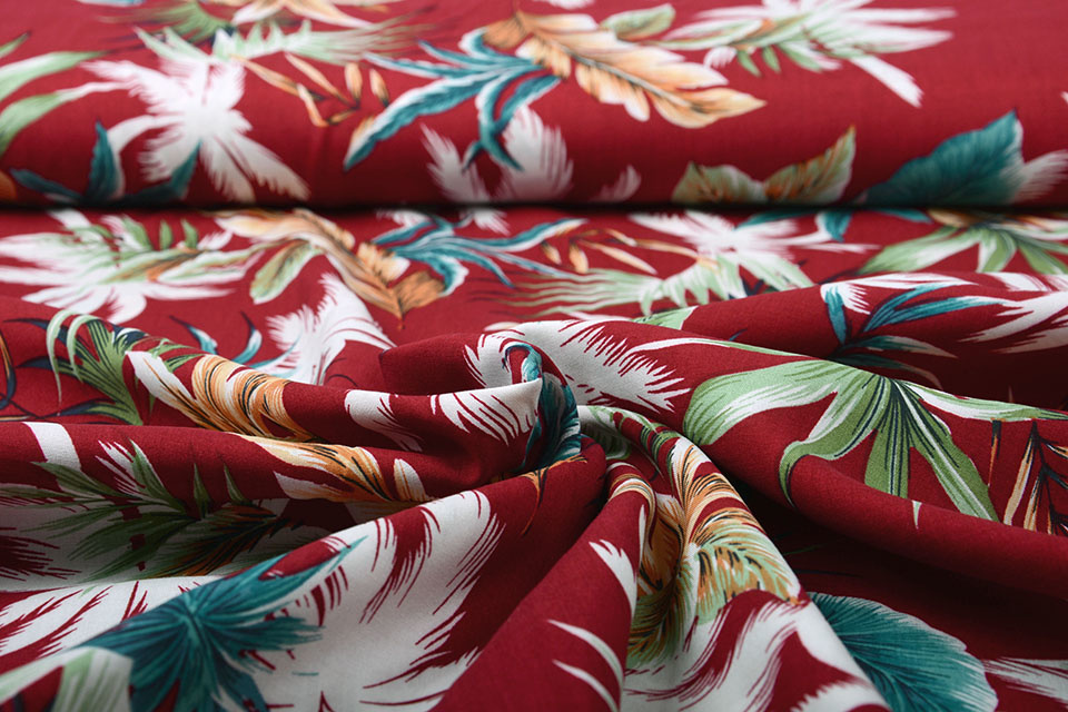 100% Viscose Tropische Palmbladeren Wijnrood