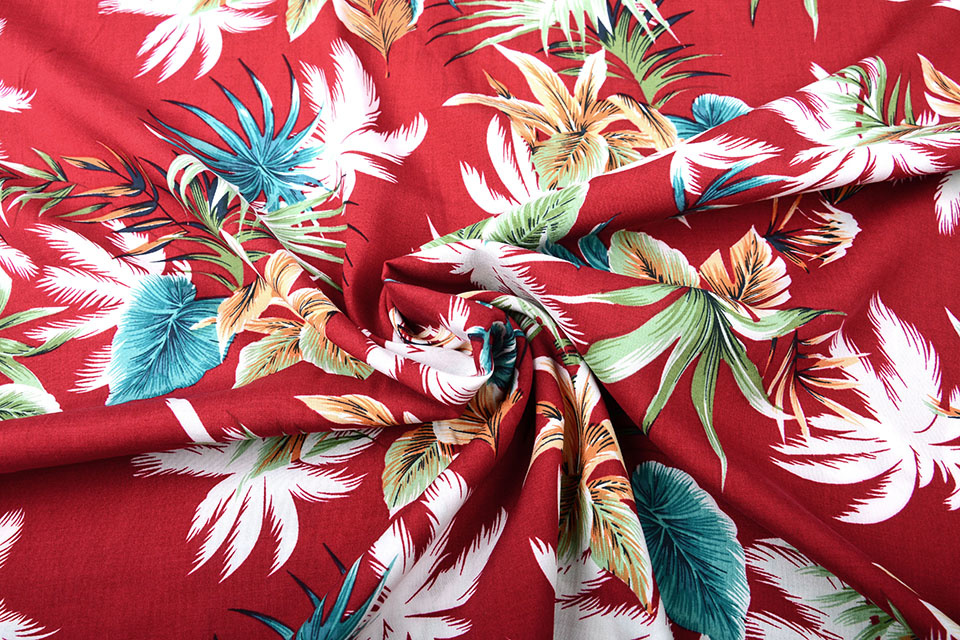 100% Viscose Tropische Palmbladeren Wijnrood