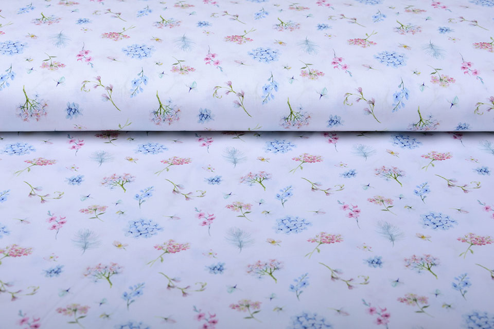 100% Digitaal Katoen Bloemen en Veren Pastel Wit