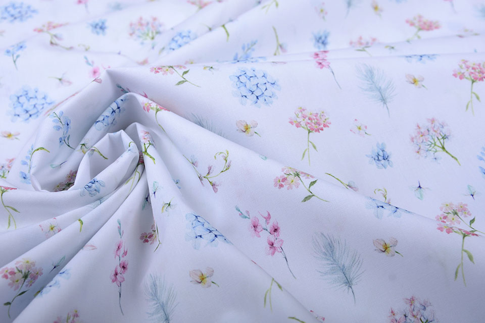 100% Digital Cotton Flowers Butterfly and Feather Pastel White