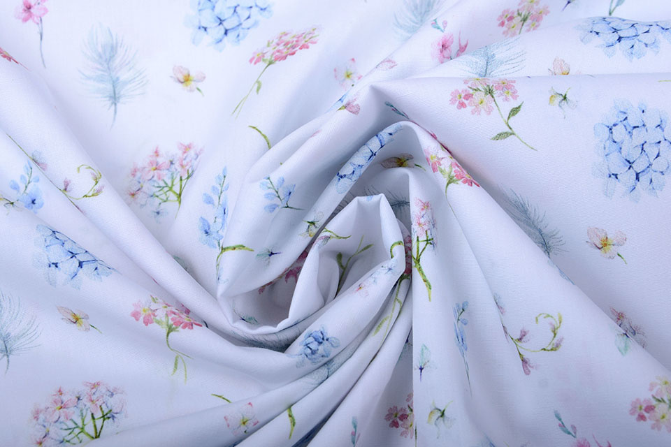 100% Digital Cotton Flowers Butterfly and Feather Pastel White