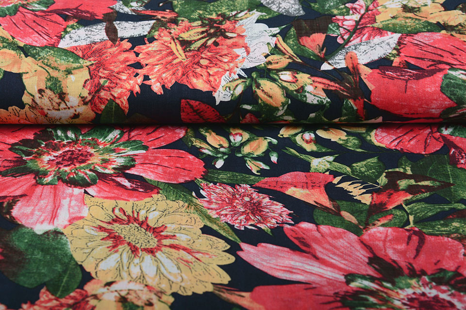 Katoen Viscose Gaia Bloemen Rood