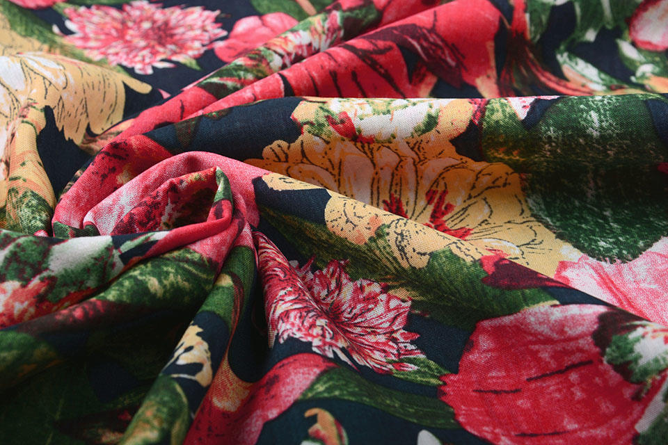 Cotton Viscose Gaia Flowers Red