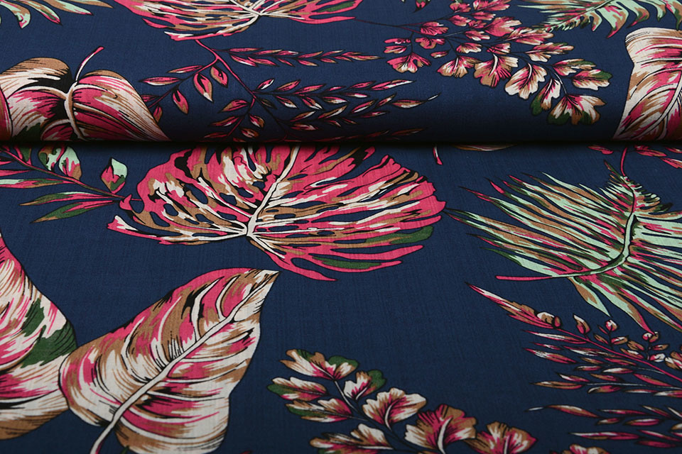 Katoen Viscose Subang Palmblad Donker Blauw