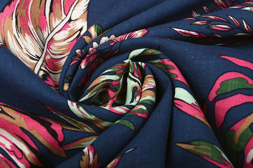 Katoen Viscose Subang Palmblad Donker Blauw