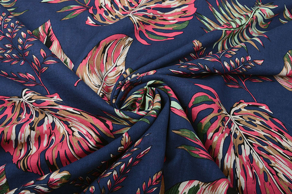 Katoen Viscose Subang Palmblad Donker Blauw