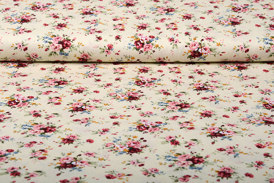 100% Cotton Florets Roses Creme