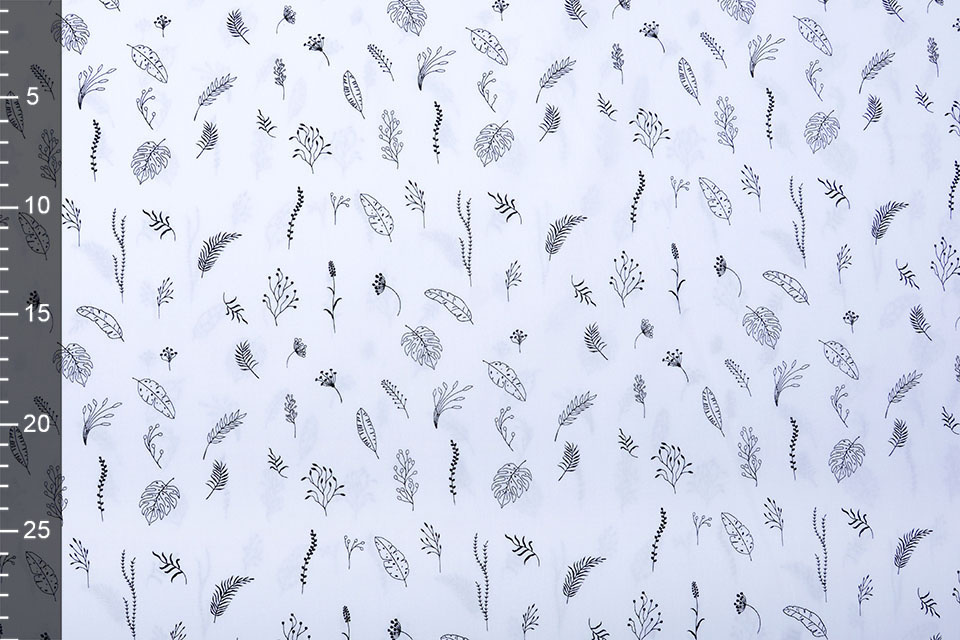 100% Digital Cotton Leaves and Feathers Black White