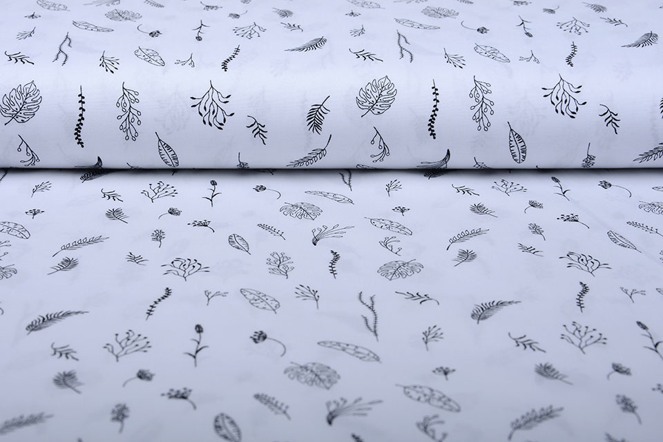 100% Digital Cotton Leaves and Feathers Black White
